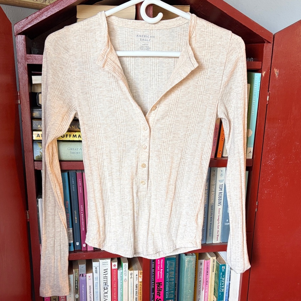 American Eagle Outfitters Long Sleeve Ribbed Henley Top - Cream